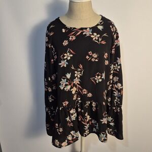 CKW Crew Knitwear L Black Floral Peplum Flowy Boho Tiered Hem & Sleeve Blouse